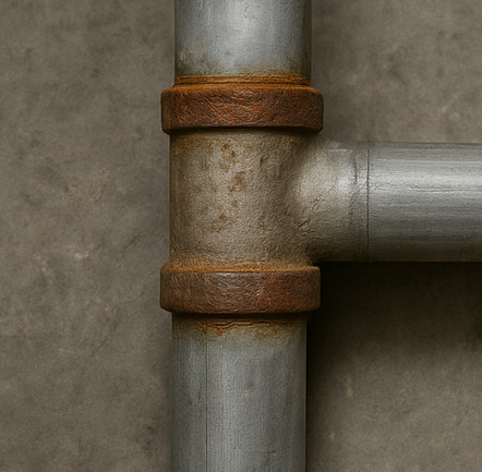 Close-up of metal pipes connected with rusty fittings against a gray concrete wall.