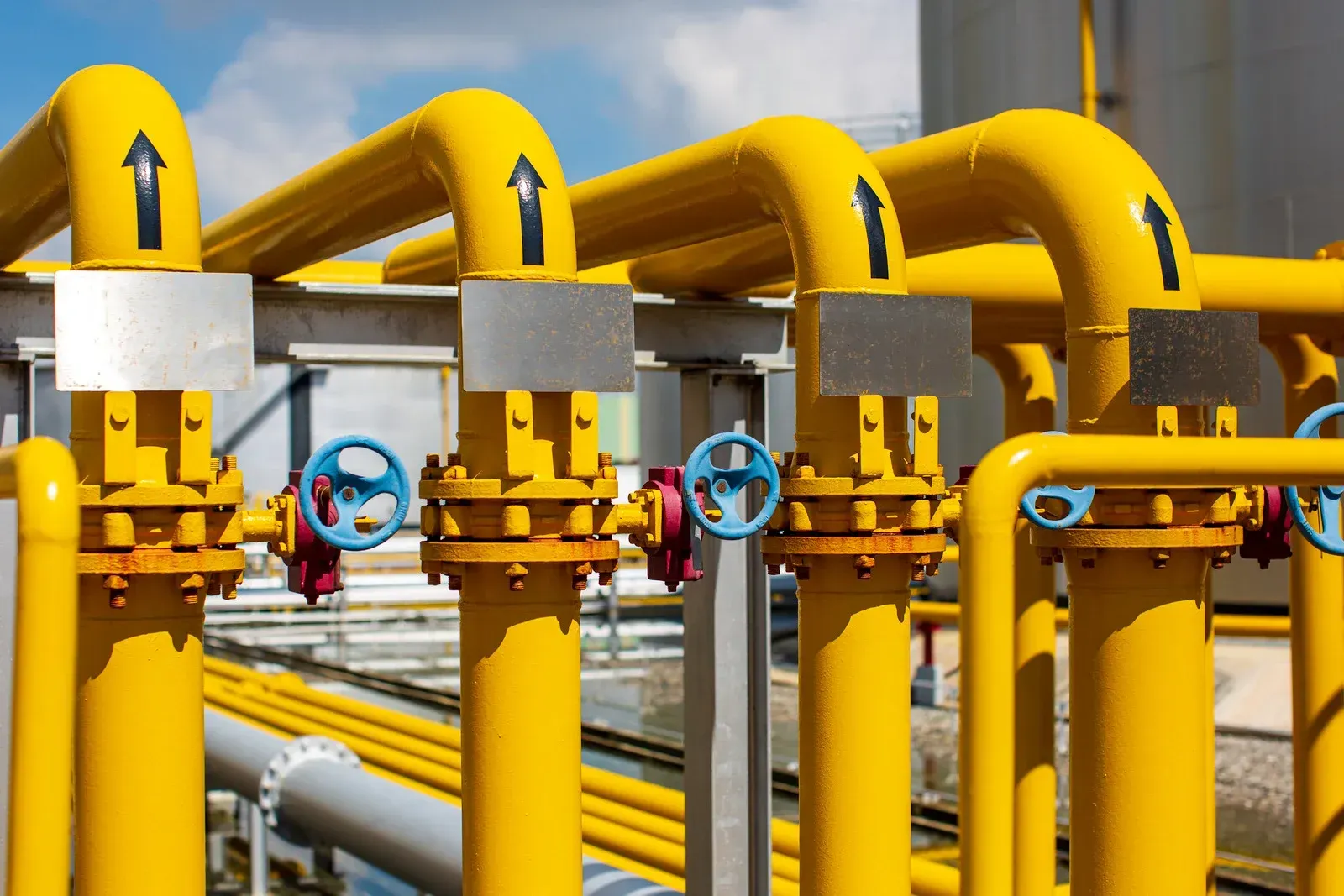 A row of yellow pipes with blue valves in a factory.