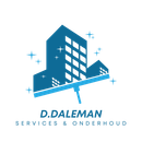 Logo van D. Daleman Services, een schoonmaakbedrijf. Met een blauw gebouw met een wisser. Tekst: