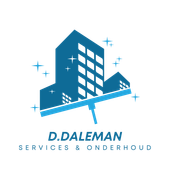 Logo van D. Daleman Services, een schoonmaakbedrijf. Met een blauw gebouw met een wisser. Tekst: