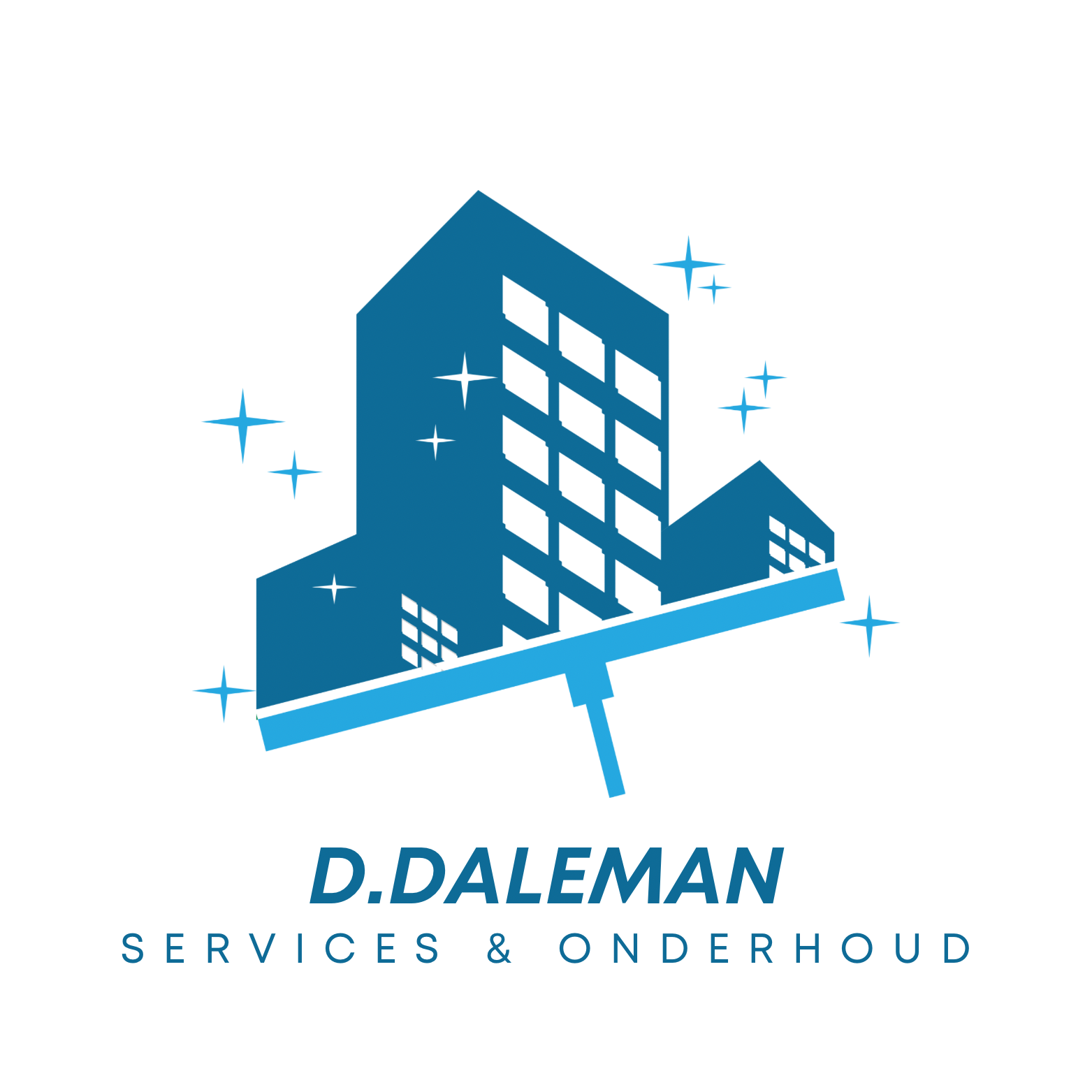 Logo van D. Daleman Services, een schoonmaakbedrijf. Met een blauw gebouw met een wisser. Tekst: