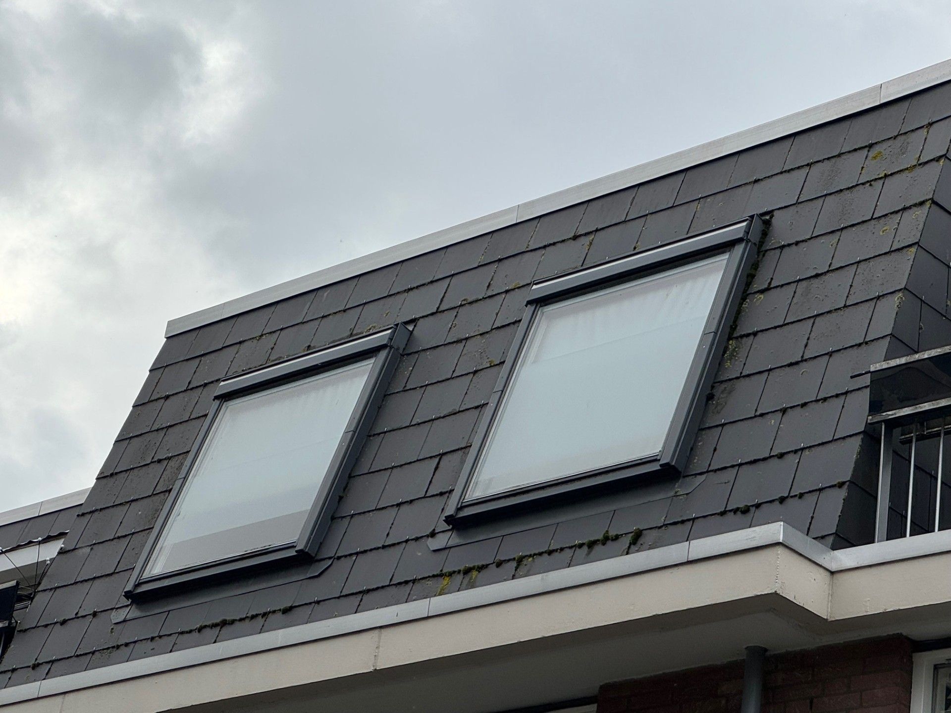 Twee rechthoekige dakramen in een donkergrijs pannendak tegen een bewolkte lucht.