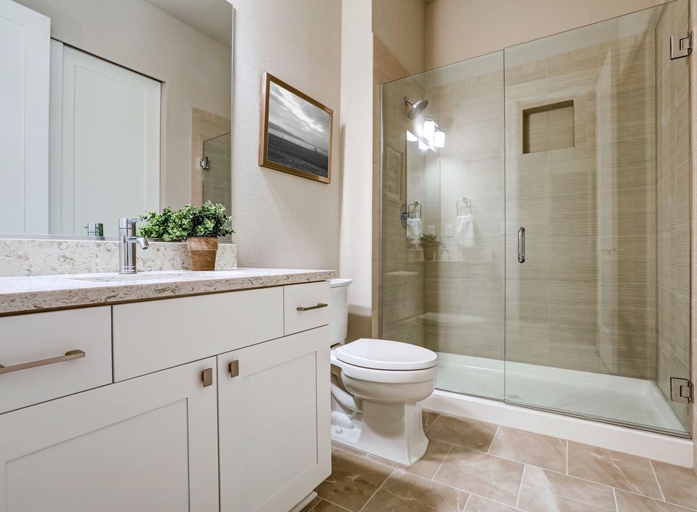 A Bathroom With a Toilet , Sink , Mirror and Walk in Shower — Pacific Cabinets In Grafton, NSW