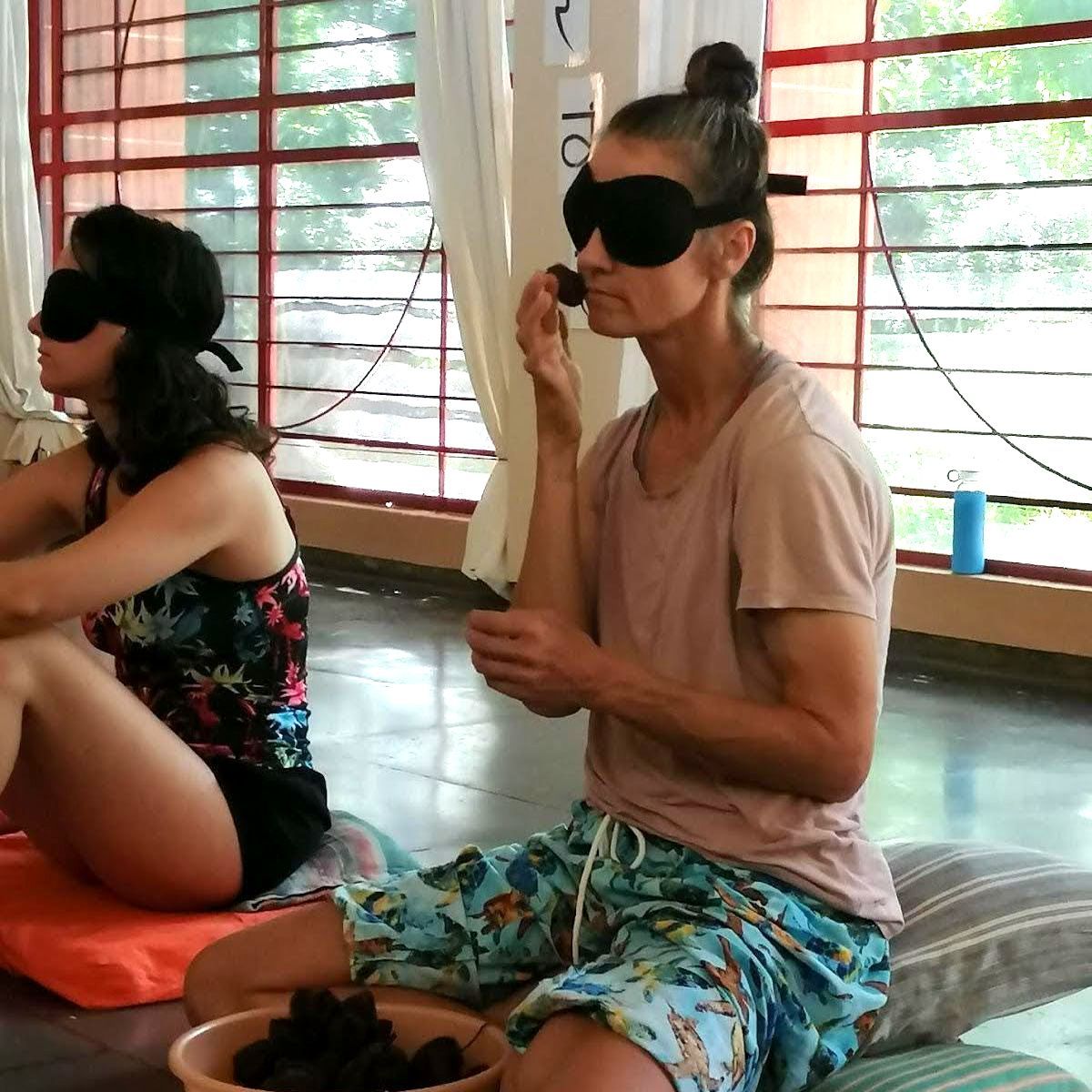 two women wearing blindfolds sit in front of a window exploring techniques derived from ATB awareness through the body