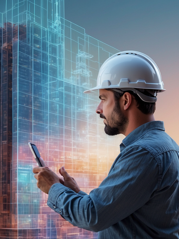 Trabalhador da construção civil, capacete branco, usando um tablet, olhando para um prédio ao fundo.