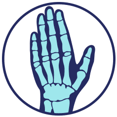 Blue skeletal hand within a blue-bordered white circle.