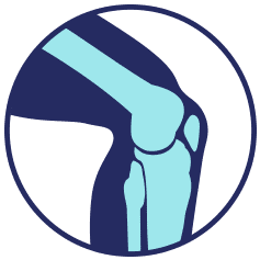 Blue and teal illustration of a knee joint inside a circle.
