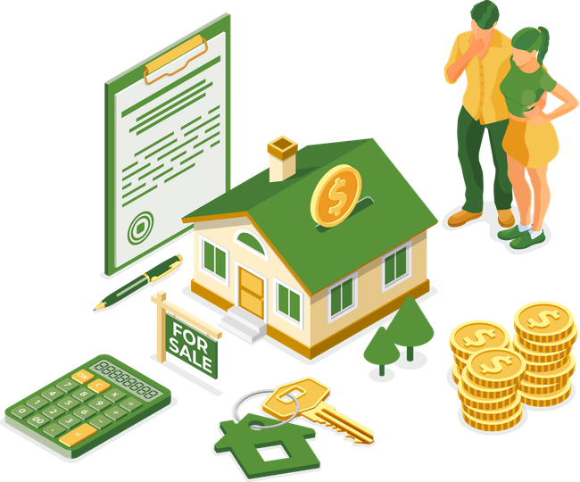 House, documents, coins, calculator, 