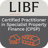 Certified Practitioner in Specialist Property Finance badge from The London Institute of Banking & Finance with building icons.