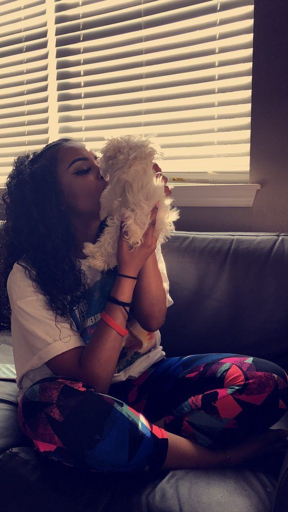 Woman sitting on couch, kissing a fluffy white dog. Sunlit room, window blinds visible.