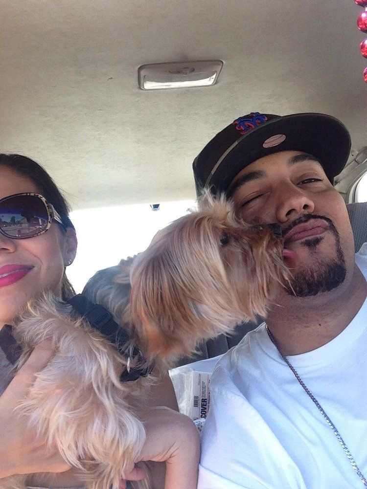 Man with dog licking his face, woman holding dog, inside a car.