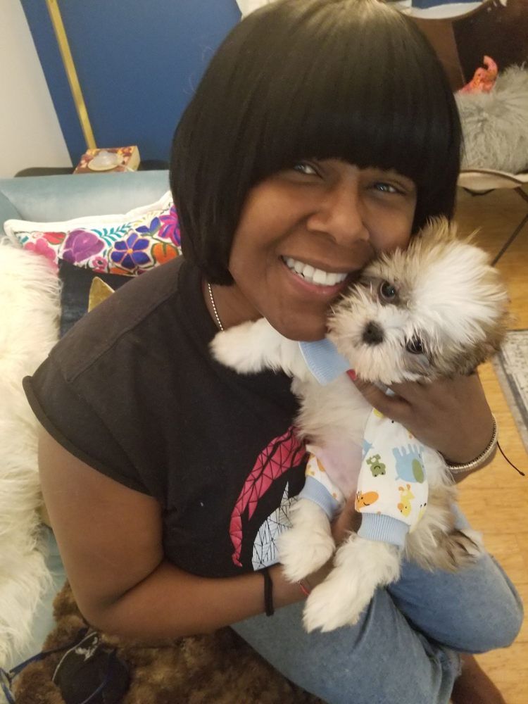Woman smiling, holding fluffy puppy wearing a shirt; indoors.