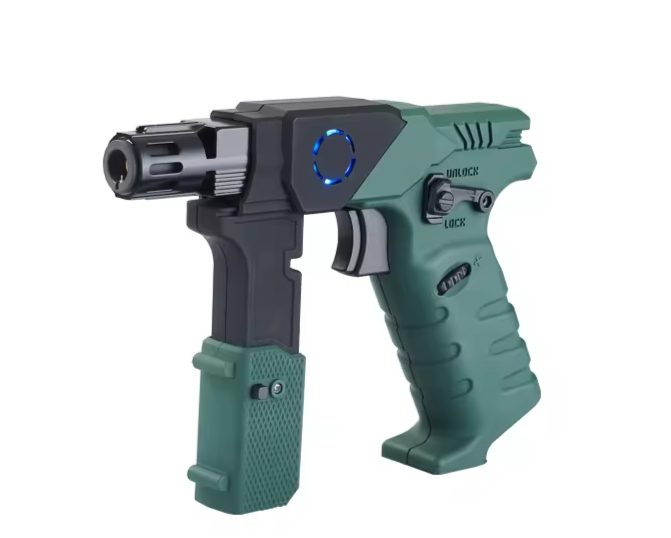 Green and black toy gun with a front grip on a white background