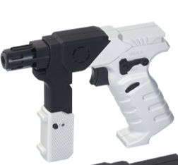 White-and-black handheld electric tool with a pistol grip and front nozzle on a white background