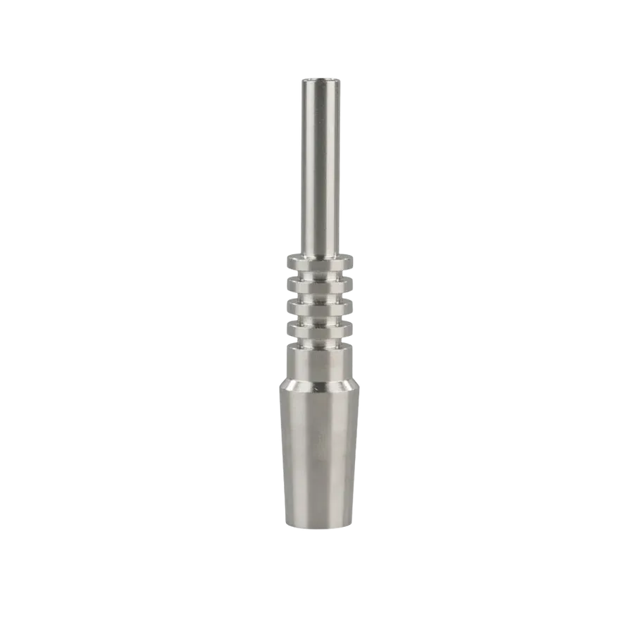 Metallic surgical drill handle with a long silver shaft on a white background