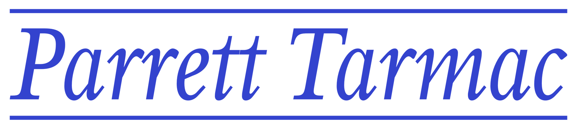 A blue and white logo for parrett tarmac