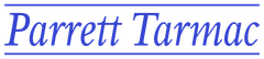 A blue and white logo for parrett tarmac