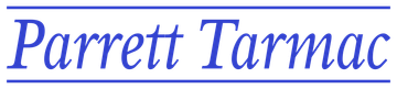A blue and white logo for parrett tarmac