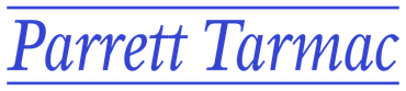 A blue and white logo for parrett tarmac