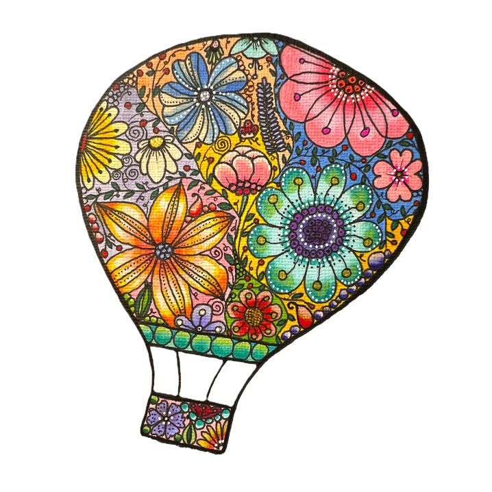 Greetings card includes a floral hot air balloon as the centrepiece of a white 300gsm card. Designed and hand painted card. The shape is outlined in black ink and filled with a variety of brightly hued flowers, berries, leaves inside the outline.