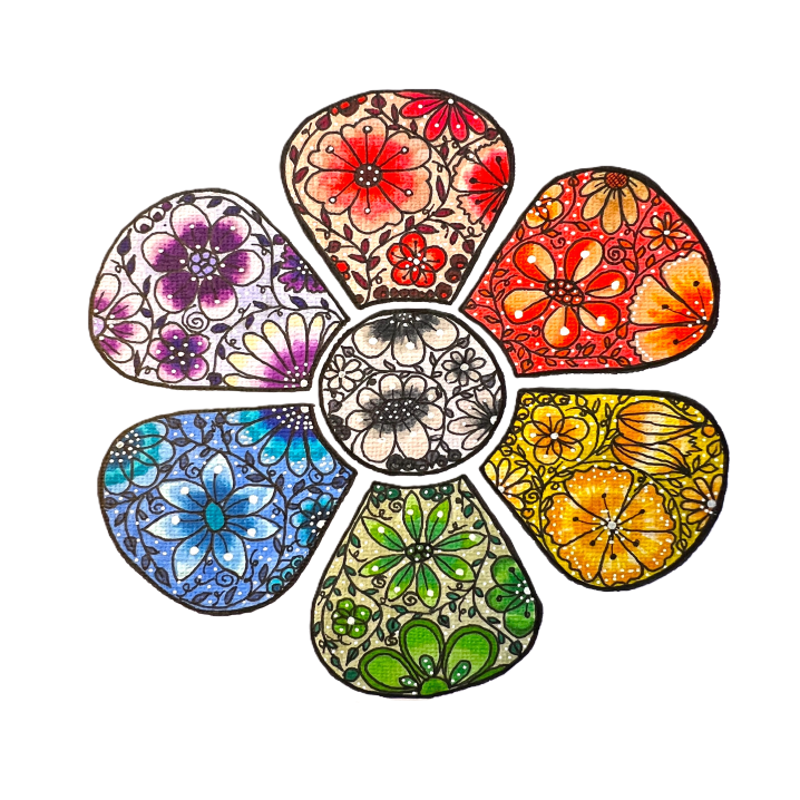 Greetings card includes a deconstructed flower as the centrepiece of a white 300gsm card. Designed and hand painted card. The shape is outlined in black ink and filled with a variety of brightly hued flowers, berries, leaves inside the outline.