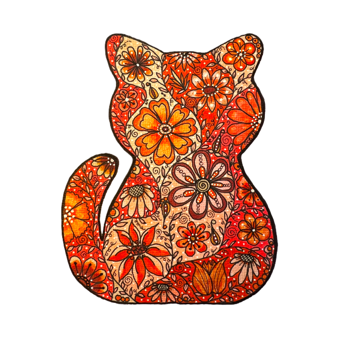 Greetings card includes an orange floral Marmalade Cat as the centrepiece of a white 300gsm card. Designed and hand painted card. The shape is outlined in black ink and filled with a variety of orange hued flowers, berries, leaves inside the outline.