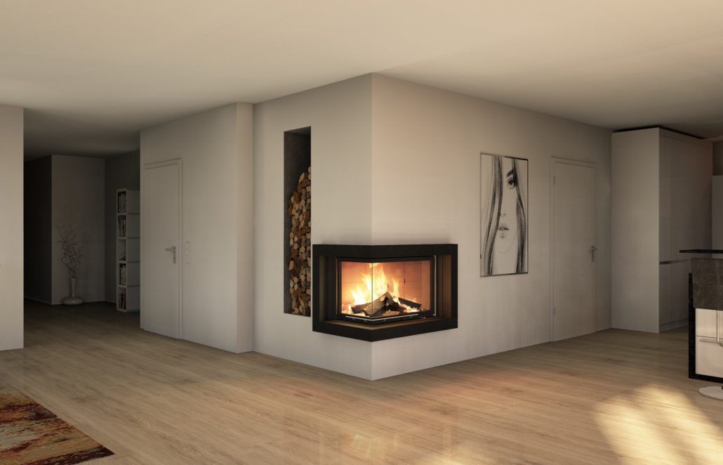 In der Ecke des Zimmers ist ein Kamin eingebaut.
