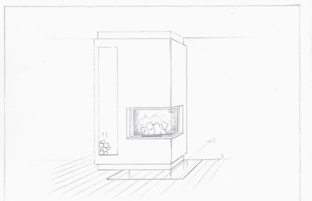 Eine Skizze eines Kamins an der Ecke in einem Zimmer.