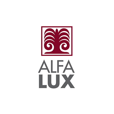 Das Logo von Alfa Lux ist ein Quadrat mit einem Wirbel darauf.