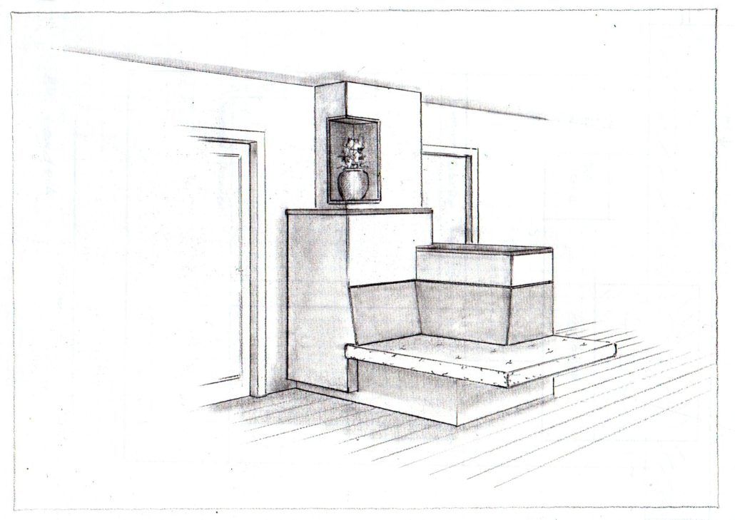 EineSkizze eines Zimmers mit einem Kachelofen