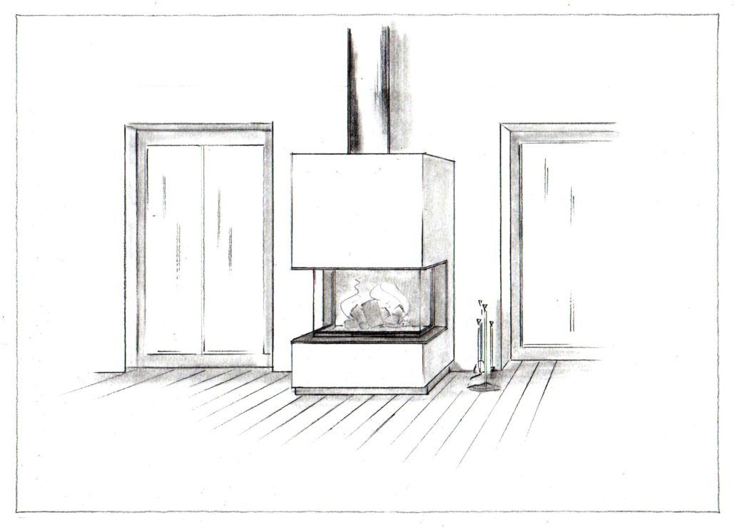 Eine Skizze eines Kamins in einem Wohnzimmer.