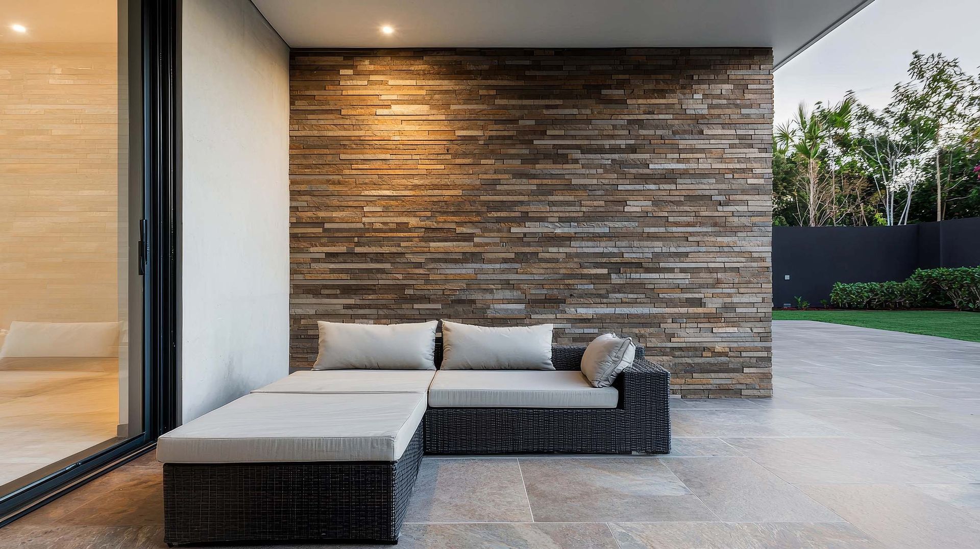Eine Terrasse mit einem Sofa und einem Ottomanen vor einer Steinmauer.