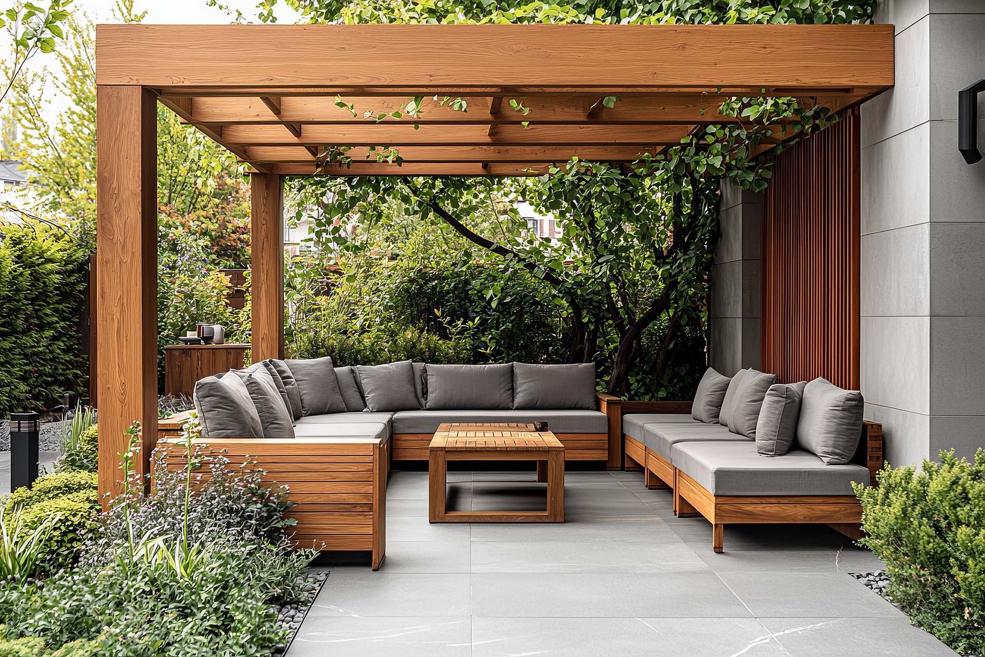 Eine Pergola aus Holz mit einem Sofa und einem Tisch darunter.
