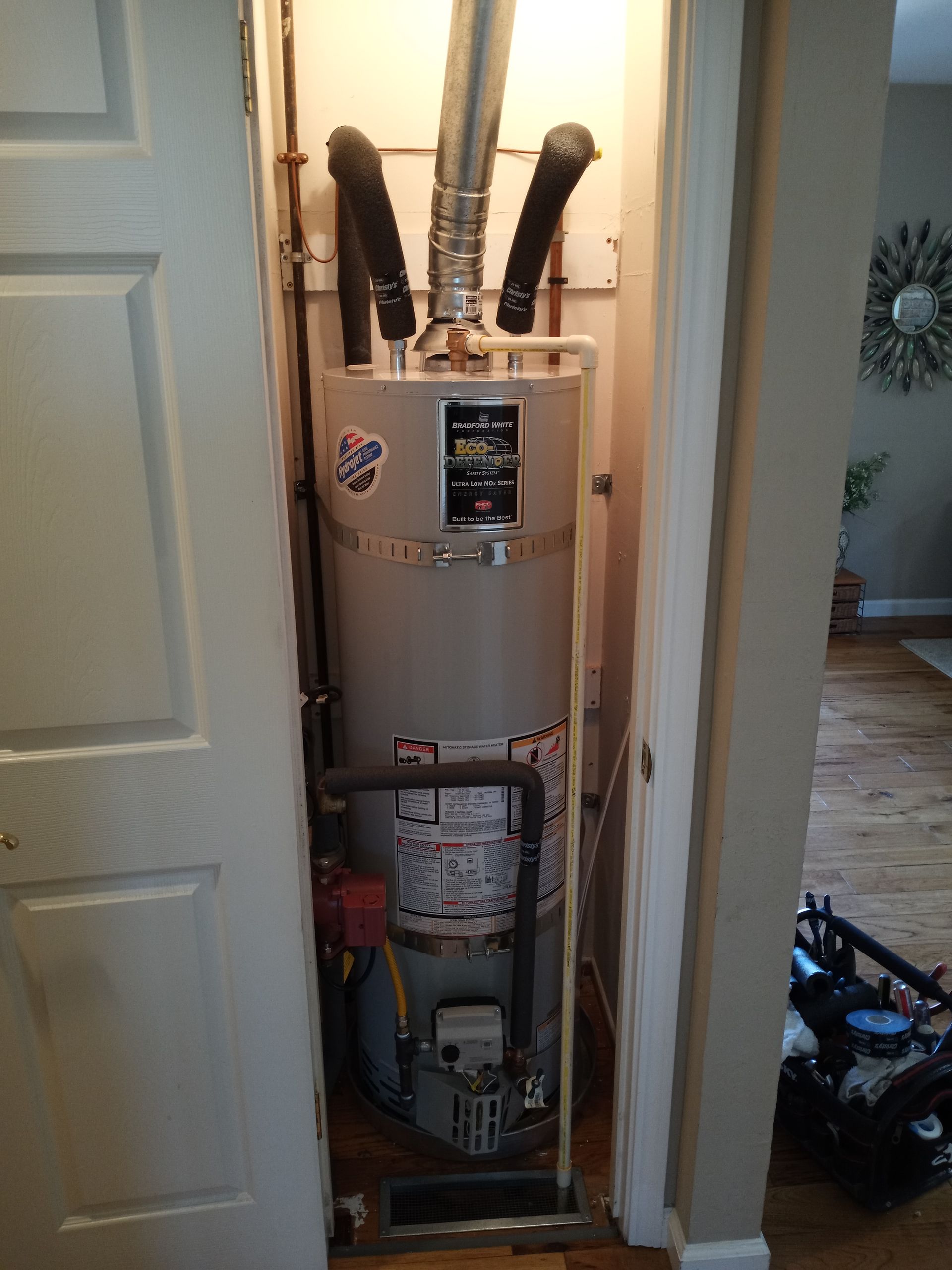 A water heater is sitting in a closet next to a door.