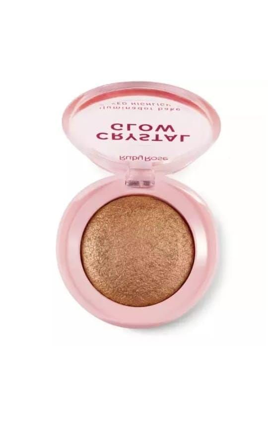 Estuche de maquillaje compacto rosa con polvos brillantes dorados.