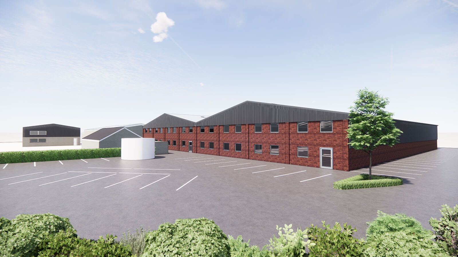 New-build commercial unit with offices show at front of building