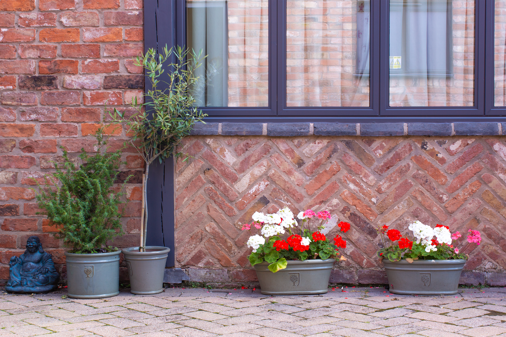 Brick building with window, potted plants including rosemary and flowers.