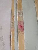 part of a hand painted pink and red rose is visible after paneling was removed.
