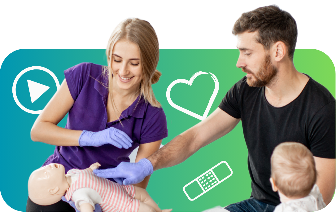 A man and a woman are playing with a baby and learning first aid.