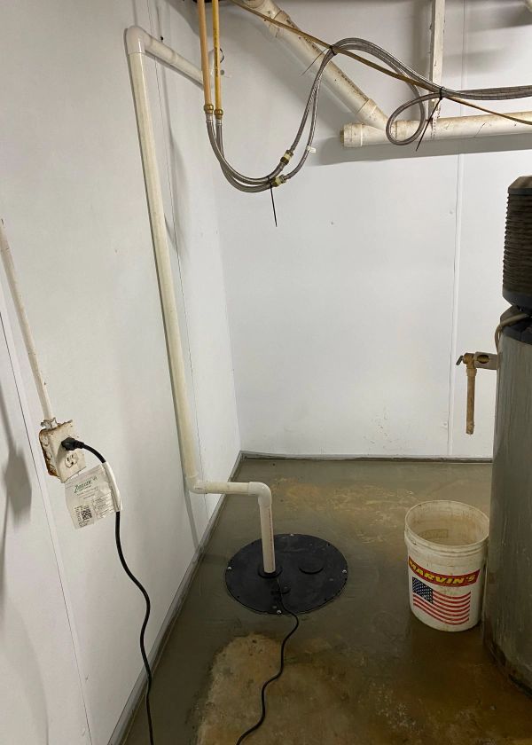A basement with a water heater and a bucket of water.