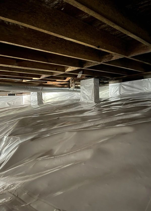 A basement filled with plastic and wooden beams.