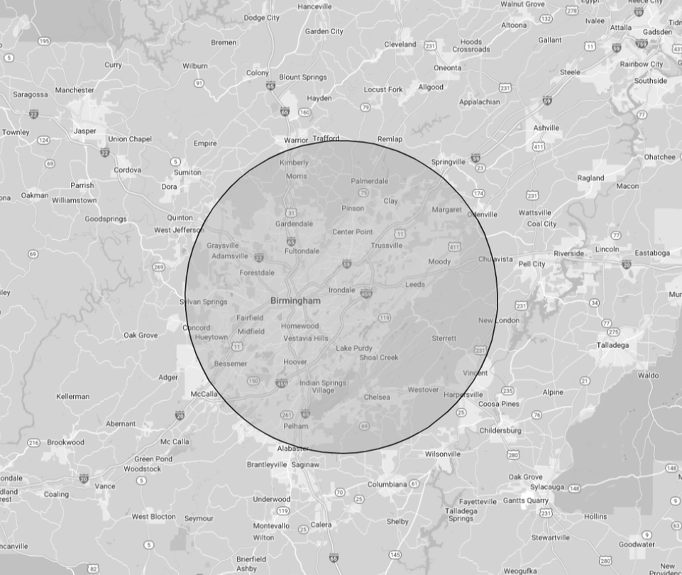 A black and white map with a circle in the middle