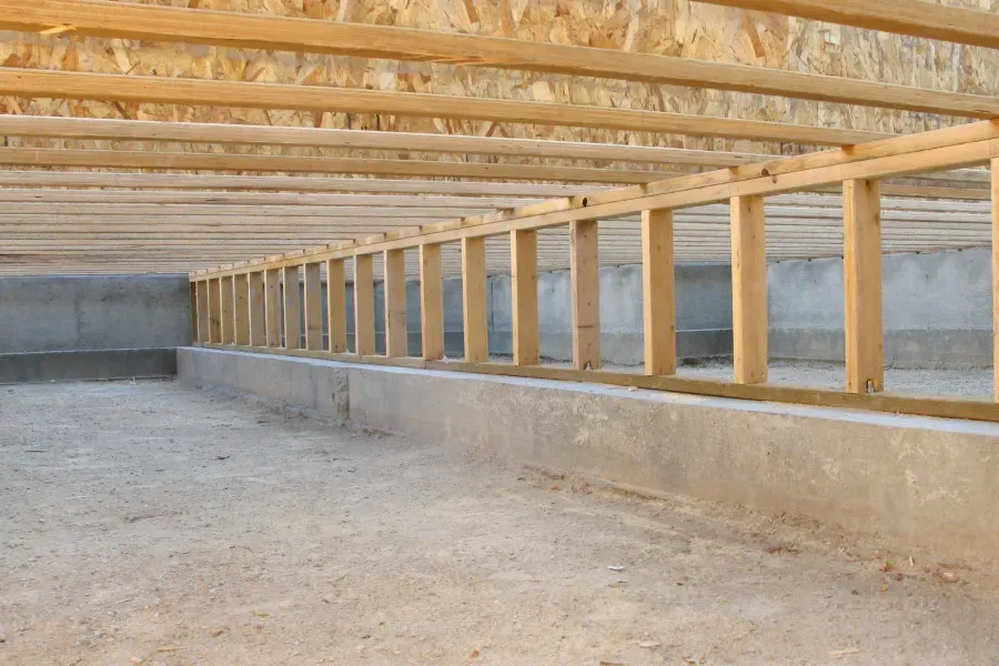 A basement under construction with wooden beams and a concrete floor.