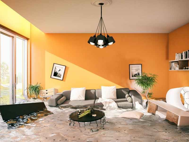 A living room with orange walls , a couch , a table and a chandelier.