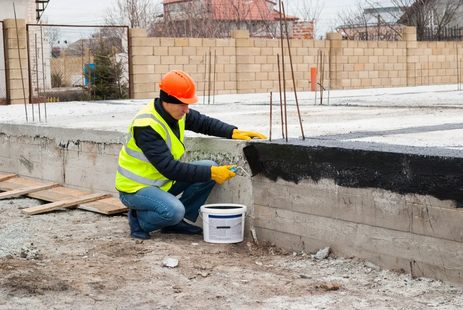 Construction worker applying sealant to a concrete foundation wall with an orange helmet, yellow vest, and gloves.