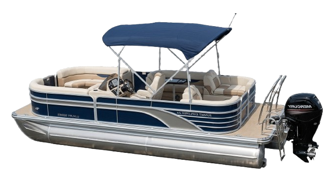 A blue and beige pontoon boat with a Bimini top and outboard motor, set against a plain white background.