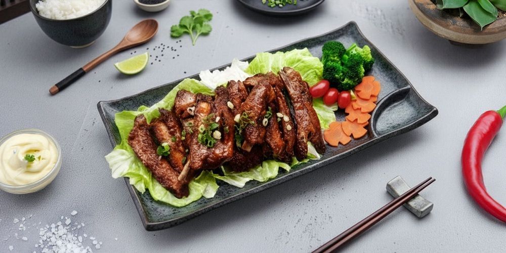 一盤亞洲美食，包括蜜汁排骨、生菜、綠花椰菜、胡蘿蔔和米飯。