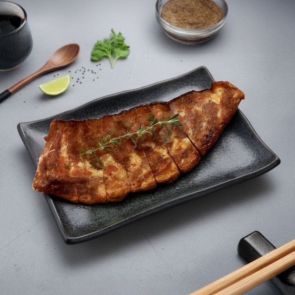 一塊煎烤過的食物放在深色盤子上，點綴著香草和青檸。背景中可以看到筷子、沾醬和碗。