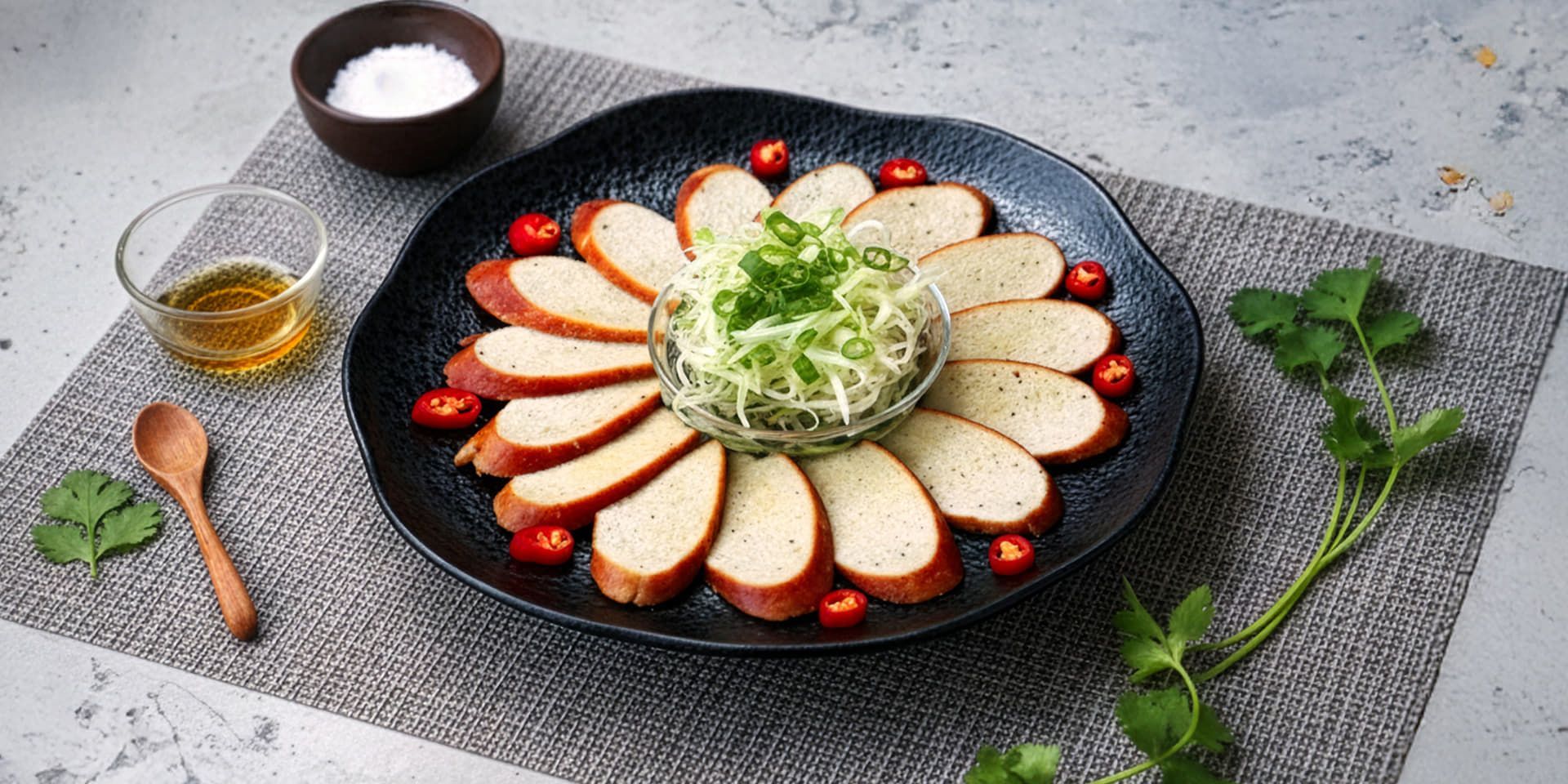 切片肉擺放在黑色盤子中央的一碗蔬菜周圍，並用番茄點綴。