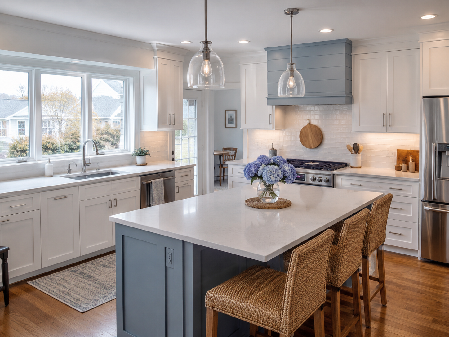 Kitchen stove with white microwave, wooden cabinets, and blue tile backsplash